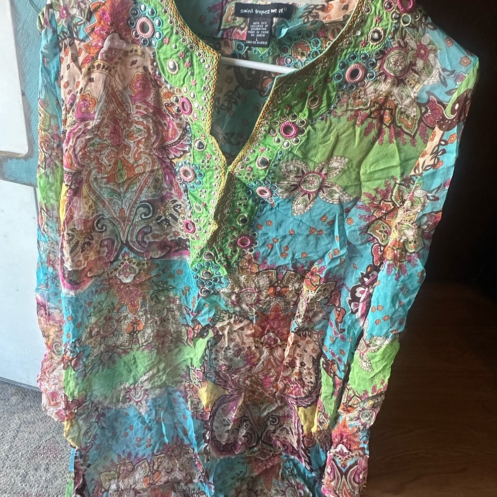 Saint Tropez West Multicolor Floral Paisley Tunic - Turquoise, Green, Pink